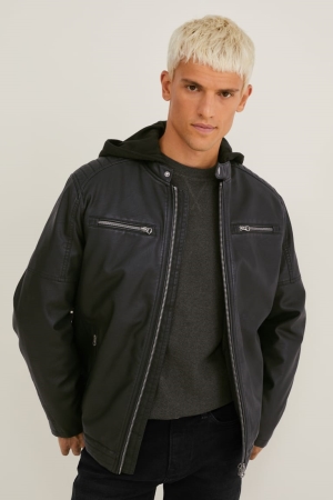 C&A Biker With Hood Faux Leren Jassen Zwart | EHZ-248613
