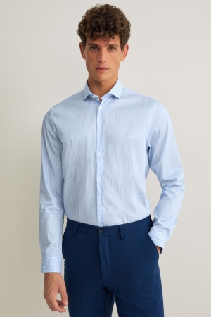 C&A Business Slim Fit Cutaway Collar Easy-iron Gestreept Overhemd Blauw Wit | HLJ-208563