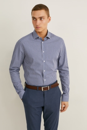 C&A Business Slim Fit Cutaway Collar Easy-iron Check Overhemd Donkerblauw Wit | IOA-718294