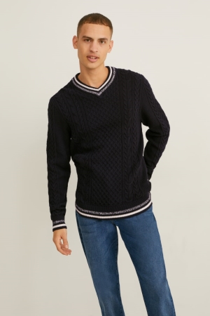 C&A Cable Knit Pattern Jumpers Donkerblauw | SZA-073869