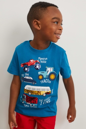 C&A Car Sleeve In-conversion Katoenen Shiny T-shirts Blauw | AZY-569187