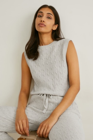C&A Cashmere Slipover Cable Knit Pattern Hoodie Wit | EWL-240691