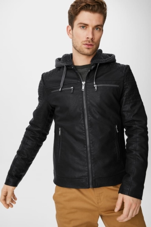 C&A Clockhouse Biker With Hood Faux Leren Jassen Zwart | KWH-382596