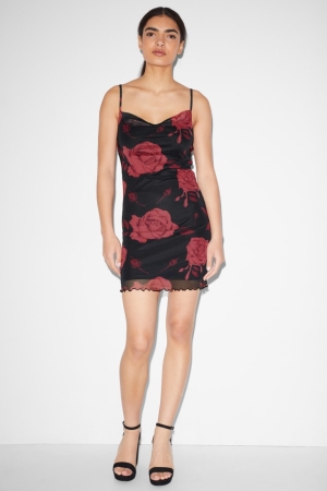 C&A Clockhouse Bodycon Floral Jurken Zwart | GDA-125798
