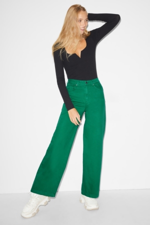 C&A Clockhouse Brede Leg High Taille Broek Blauw Groen | WSI-672085