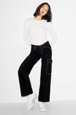 C&A Clockhouse Brede Leg Low Taille Broek Zwart | IZW-718065