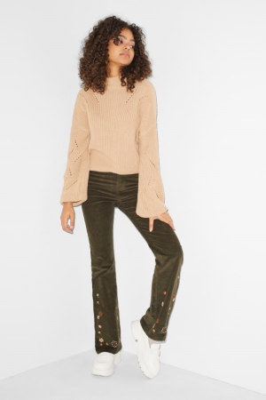 C&A Clockhouse Corduroy High Taille Flared Floral Broek Groen | IXH-684951