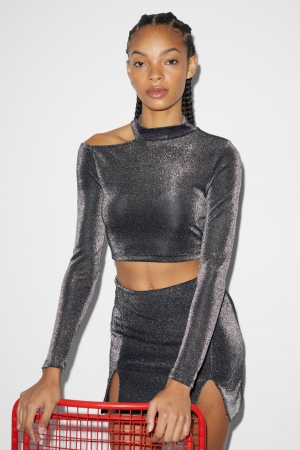 C&A Clockhouse Cropped Long Sleeve Shiny Topjes Zwart | WRX-425306