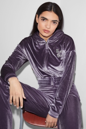 C&A Clockhouse Velvet Cropped Hoodie Paars | JVE-596847