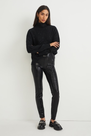 C&A Cloth High Taille Mager Fit Shiny Broek Zwart | DAB-548631