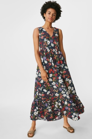 C&A Fit & Flare Floral Jurken Donkerblauw | QUF-912753