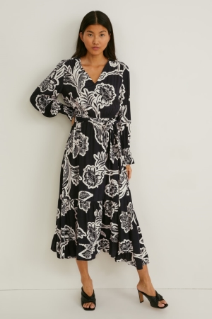 C&A Fit & Flare Lenzing™ Ecovero™ Floral Jurken Zwart Wit | PFQ-502876