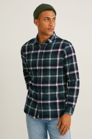 C&A Flannel Regular Fit Kent Collar Check Overhemd Donkergroen Wit | AQT-851936