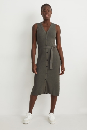 C&A Gebreid WaistWith Livaeco™ Fibres Jurken Donkergroen | FXQ-324907