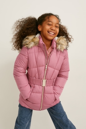 C&A Gewatteerd With Hood, Faux Fur Trim And Belt Jassen Donkerroze | PSY-407619