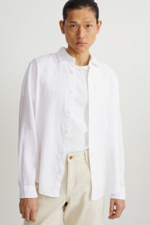 C&A Linen Regular Fit Cutaway Collar Overhemd Wit | MXA-716094