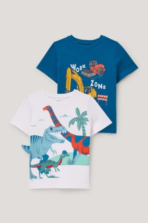 C&A Multipack Of 2 Dinosaur And Digger Sleeve T-shirts Blauw Wit | YPX-804937