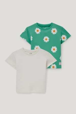 C&A Multipack Of 2 Sleeve In-conversion Katoenen T-shirts Wit Groen | IZK-564739