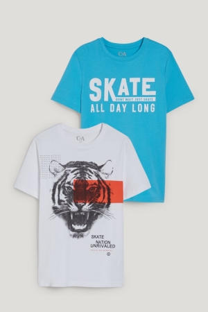 C&A Multipack Of 2 Sleeve With In-conversion Katoenen T-shirts Wit Lichtblauw | ADN-186204