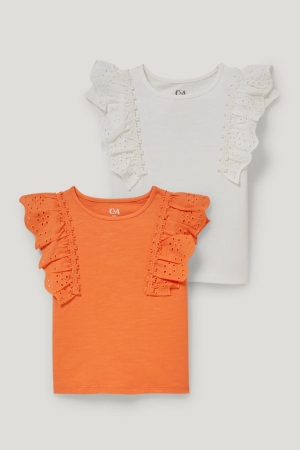C&A Multipack Of 2 Sleeve With In-conversion Katoenen T-shirts Wit Oranje | EXF-253619