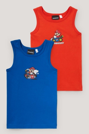 C&A Multipack Of 2 Super Mario Vest Organic Katoenen Ondergoed Rood Donkerblauw | YGT-670429