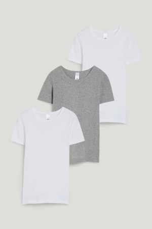 C&A Multipack Of 3 Base Layer Organic Katoenen Topjes Wit Grijs | FOQ-029341
