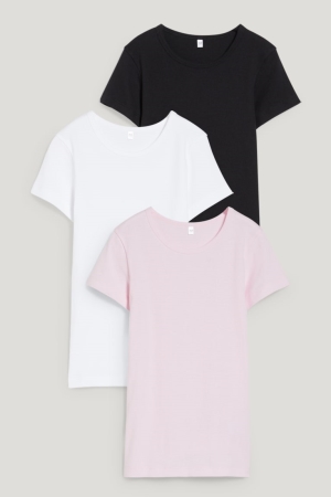 C&A Multipack Of 3 Base Layer Organic Katoenen Topjes Zwart Roze | UKZ-625041
