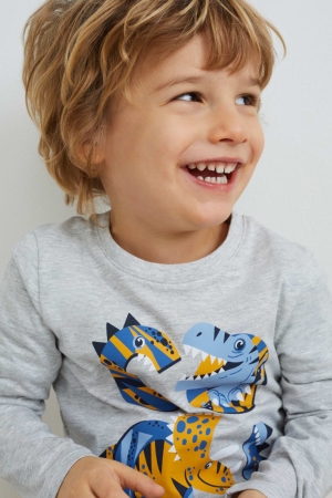 C&A Multipack Of 3 Dinosaur Long Sleeve Topjes Donkerblauw | QUV-608139