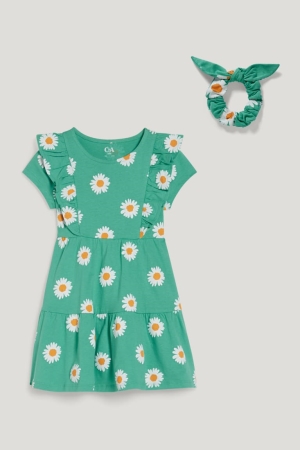 C&A Set And Scrunchie 2 Piece Floral Jurken Groen | ZEL-081469