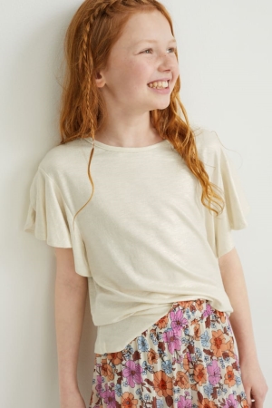 C&A Sleeve Shiny T-shirts Wit | FUA-984257