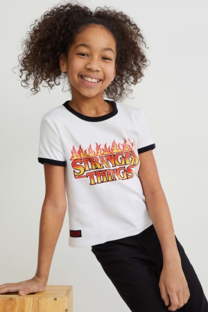 C&A Stranger Things Sleeve T-shirts Wit | VBY-743805