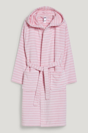 C&A Terry Bathrobe With Hood Organic Katoenen Gestreept Zwemkleding Roze | MKJ-259047