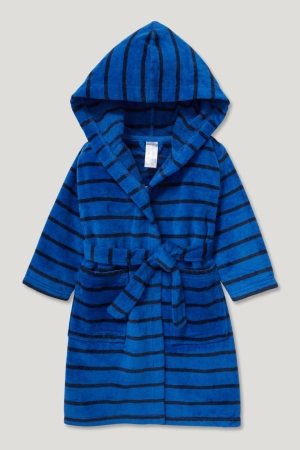 C&A Terry Cloth Bathrobe With Hood Organic Katoenen Gestreept Zwemkleding Donkerblauw | BTR-194325