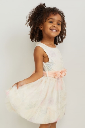 C&A With Belt Party Floral Jurken Wit | XDE-368920