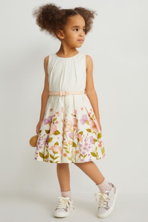 C&A With Belt Partywear Floral Jurken Wit | GOB-790468